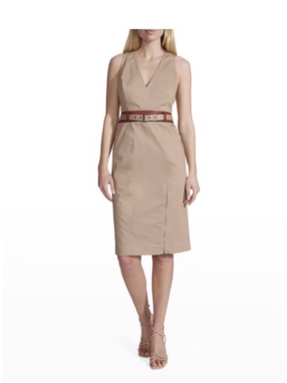 NWT Toccin Sleeveless V-Neck Sheath Dress in Tan with Belt
